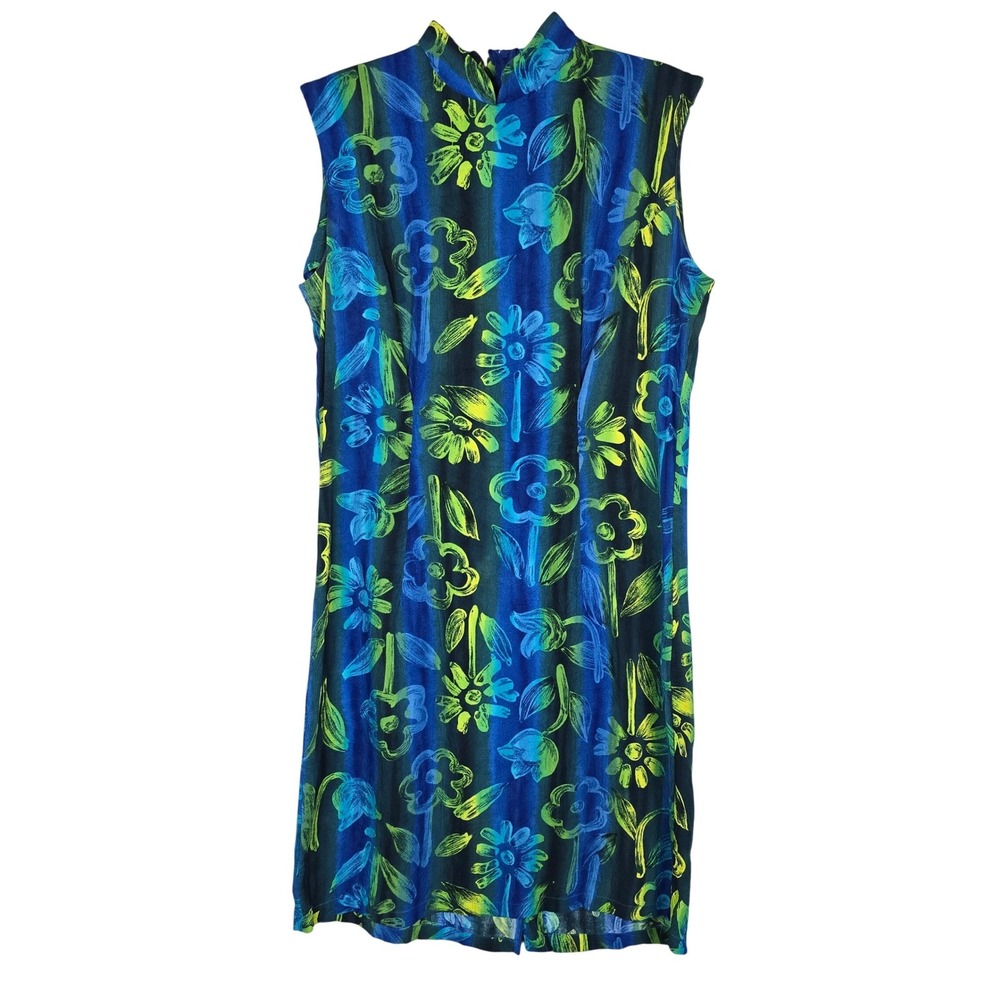 VTG 90s Jams World Blue Mood Floral Mock Neck Mandarin Shift Dress Blue Green 5